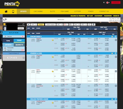 Sports betting site interface