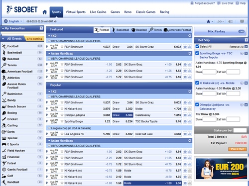 SBObet betting interface on computer